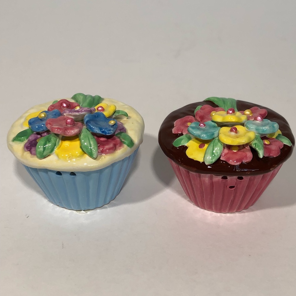 Flower Cupcake Ceramic Salt Pepper Shaker Set by Apple Tree Designs